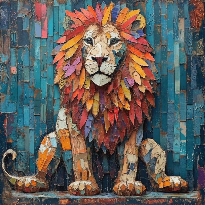 Vibrant Mosaic Lion Portrait på texturerad blå bakgrund stock illustrationer