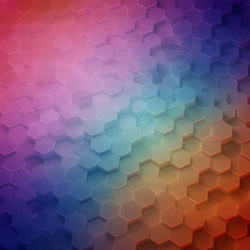 A vibrant, multicolored hexagonal pattern creates a 3D abstract background. The vector illustration
