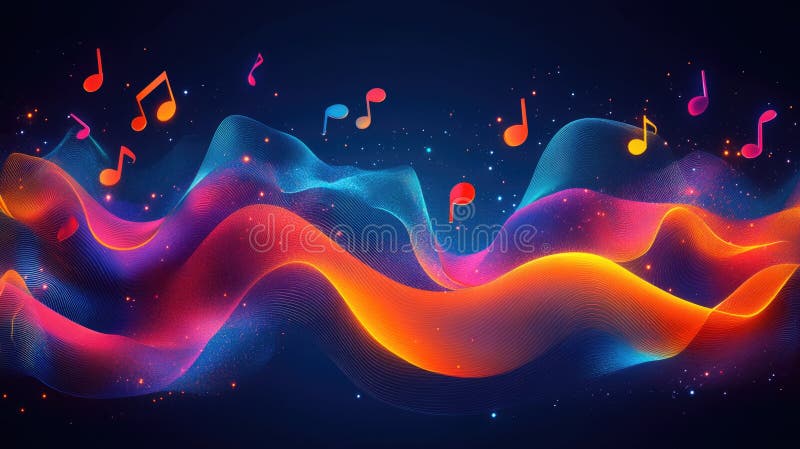 Vibrant music waves and colorful notes on a dark background royalty free stock images
