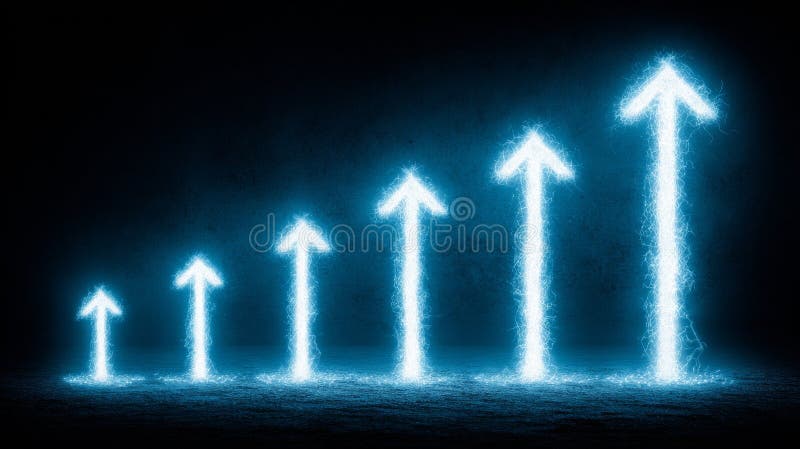 Vibrant neon arrows symbolize growth and advancement within a dim setting stock photos