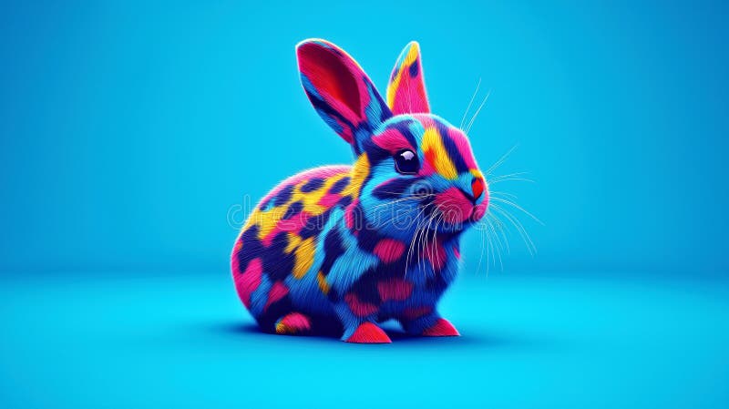 Vibrant Neon Bunny med färgfläckar på blå bakgrund royaltyfri illustrationer