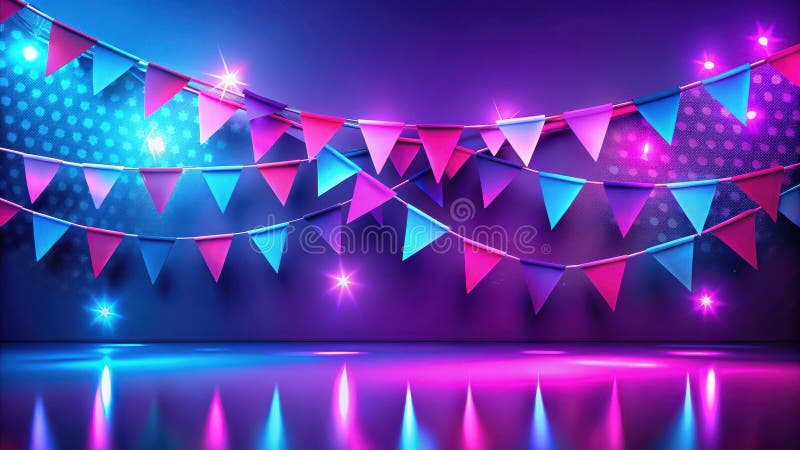 Vibrant neon celebration festive bunting and glowing stage setting with reflective floor. Generative AI