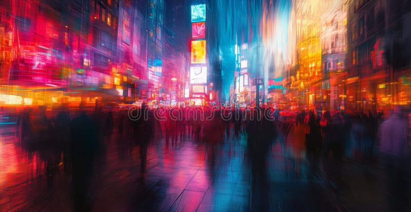 Vibrant Neon City Street på natten med rörelseoskärpa och Crowds royaltyfri illustrationer