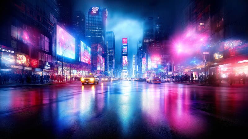 Vibrant Neon Cityscape på natten med reflektioner på Times Square royaltyfri illustrationer