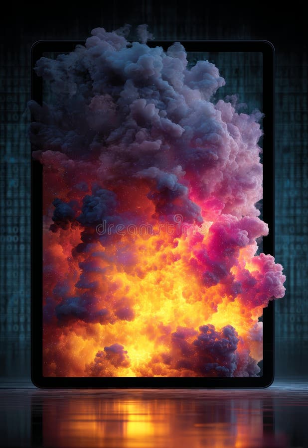 Vibrant Neon Cloud Explosion Emerging from Modern Digital Device Display stock illustration