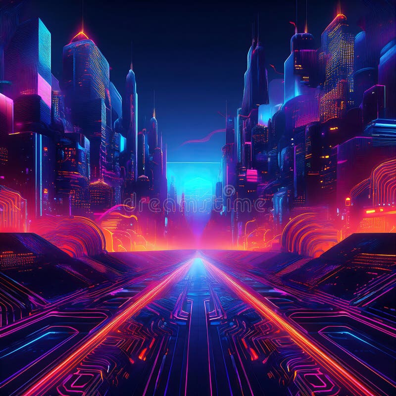 Vibrant neon cyberpunk cityscape with glowing streets and abstract architecture at night. Generative AI royalty free stock photography