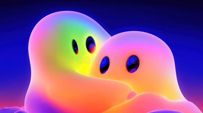 Vibrant Neon Ghosts in a Whimsical Embrace : Ljusfärgad och lekfull spektralkonst stock illustrationer