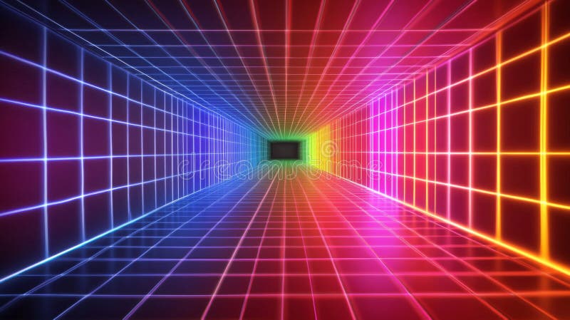 Vibrant Neon Grid Tunnel A Colorful Retro Scene vector illustration