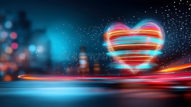 Vibrant Neon Heart i rörelse : Dynamic Light Trails and Bokeh Backdroin in Urban Setting vektor illustrationer