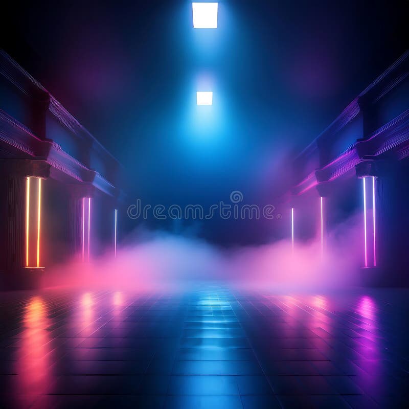 Vibrant neon hues glow in a smoky space lit by a spotlight, creating a mesmerizing atmosphere. Generative AI stock images
