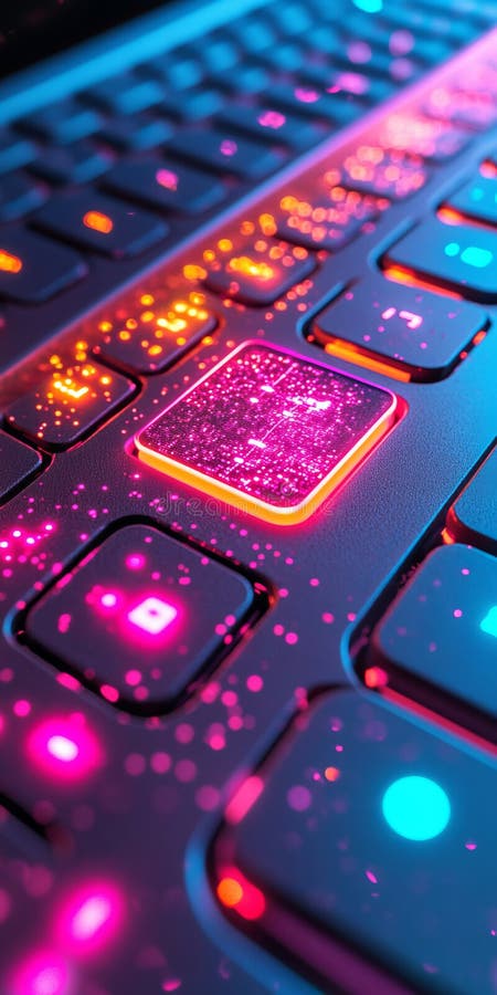 Vibrant Neon Keyboard Abstract Technology Background with Glowing Keys and Particles. royalty free illustration