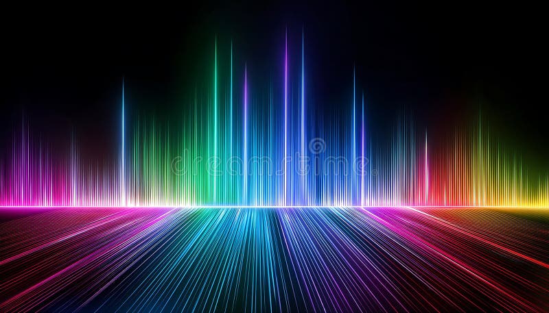 Vibrant neon laser lights creating a dynamic panoramic abstract background in a dark setting. Generative AI. A dazzling display of neon lights stretches across a dark background, resembling vibrant laser beams in various colors, creating an abstract visual experience. AI generated