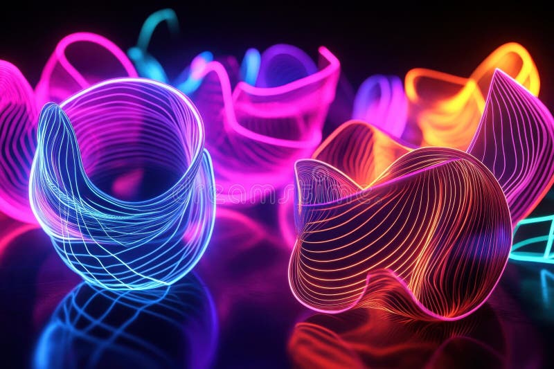Vibrant neon light trails swirling in colorful abstract shapes at nighttime vector illustration