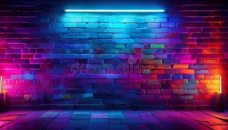 Vibrant neon lights illuminate a textured brick wall in a futuristic setting during the night. Generative AI royalty free stock image