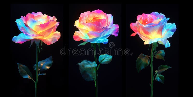 Vibrant Neon Rose Trio Mot svart bakgrund : Upplyst fotografi av Floral Art stock illustrationer