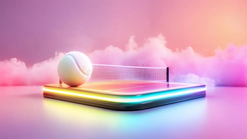 Vibrant Neon Tennis Court with Tennis Ball in Mid-Air vector illustration
