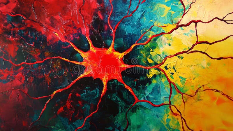Vibrant neural network illustration featuring bright red neuron centers and complex interconnections stock illustration