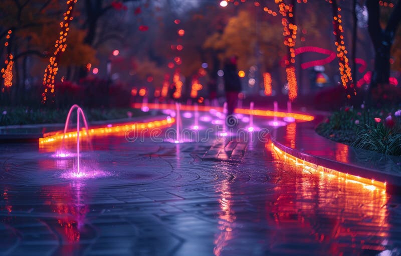 Vibrant Night Park with Illuminated Pathways and Colorful Fountains in Autumn vector illustration