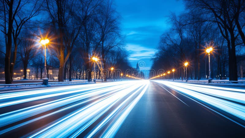 Peisaj nocturn vibrant cu lumini neclare și lămpi stradale care iluminează străzile urbane royalty free stock photo