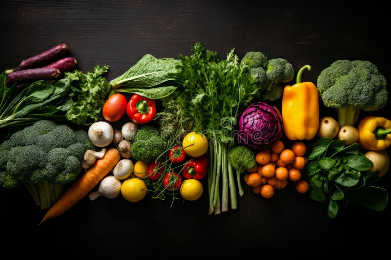 Vibrant and nutritious selection of fresh vegetables and fruits on dark solid background vector illustration