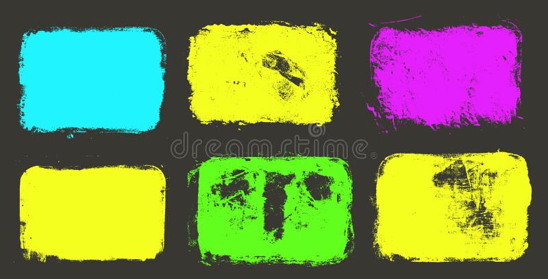Vibrant nyon högdagrar färgen grunge urban square-färgrutor set. Messy bright stock illustrationer