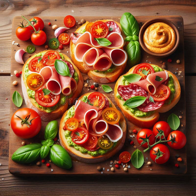 Vibrant open-faced sandwiches with fresh toppings on a wooden board royalty free illustration