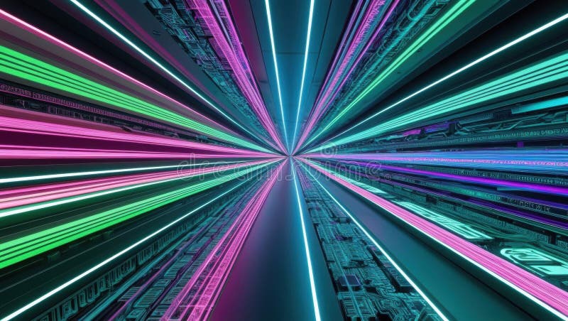 Vibrant optical highway with neon bandwidth flow, showcasing intricate data streams in cyber inspired aesthetic. colors create royalty free illustration