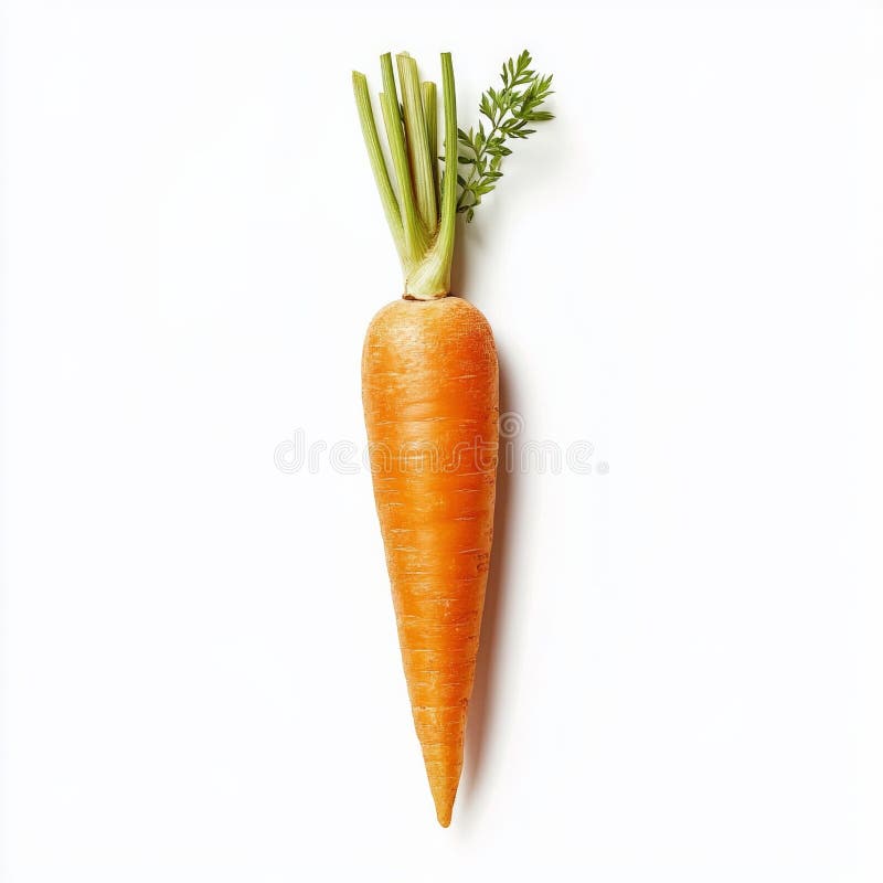 Vibrant orange carrot with green tops on a white background stock images