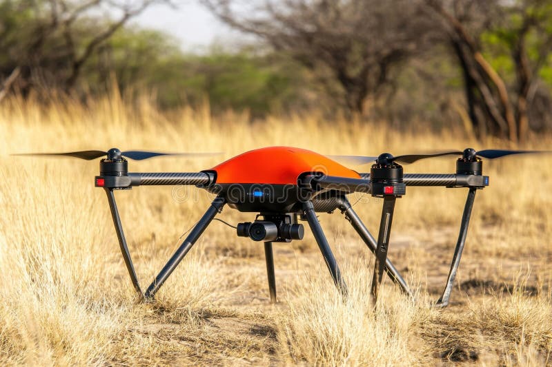 Drone resting on dry grass in an open field during daylight hours stock image
