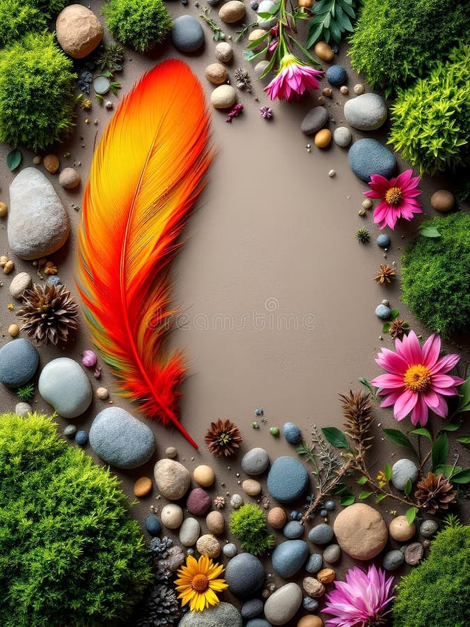 Vibrant orange feather and natural elements forming an organic frame with ample copy space royalty free illustration