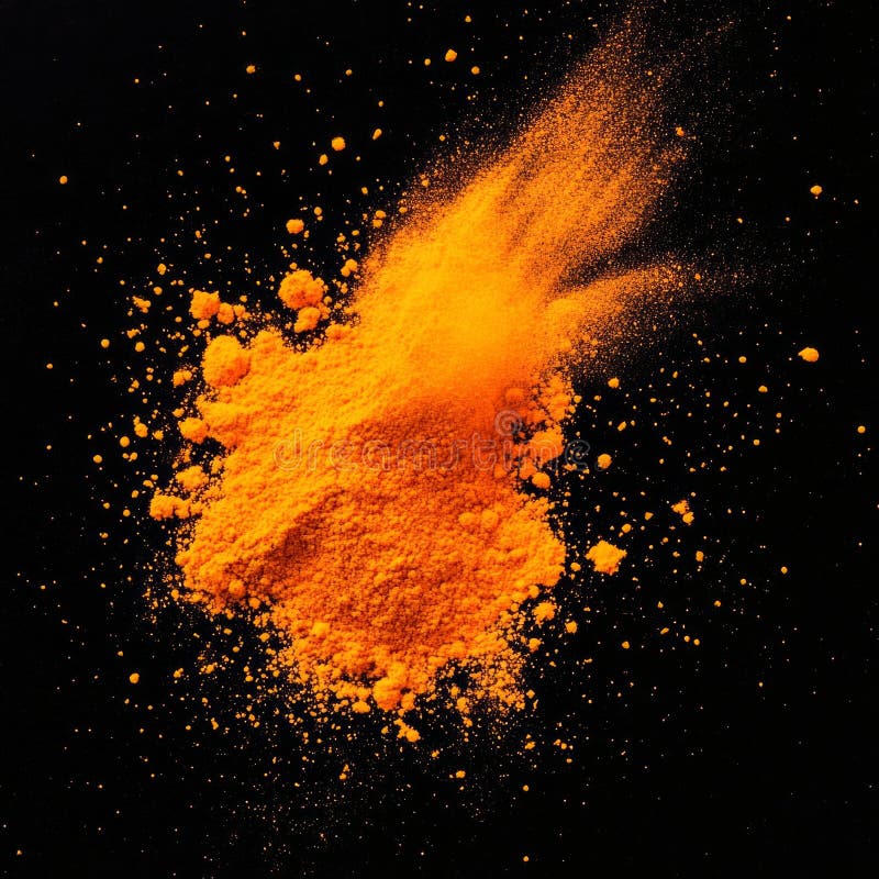 Vibrant orange powder burst against black background royalty free stock image