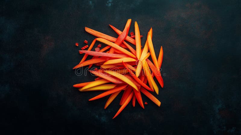 Vibrant orange and red bell pepper slices on dark background royalty free stock photos