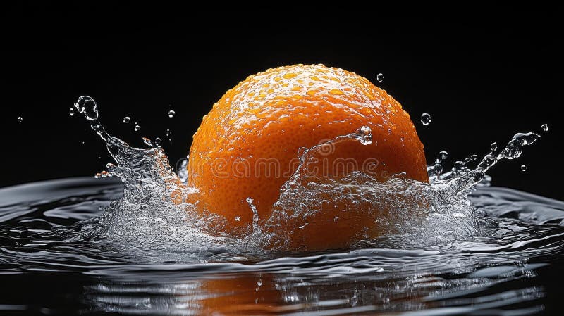 A vibrant orange splashes through water, capturing the essence of summer refreshment in a stunning black backdrop stock illustration