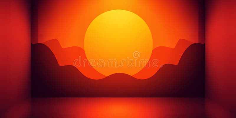 A vibrant orange sunset over layered hills in a minimalist abstract rendering style scene royalty free illustration