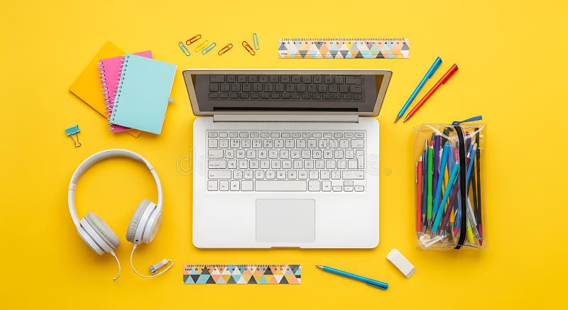 Bright student workspace with laptop and colorful supplies vector illustration