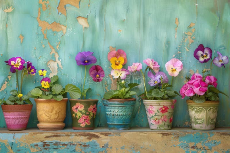 Panselele vibrante în diferite culori înfloresc în vase decorative fermecătoare, creând o scenă veselă împotriva unui teal rustic stock photos
