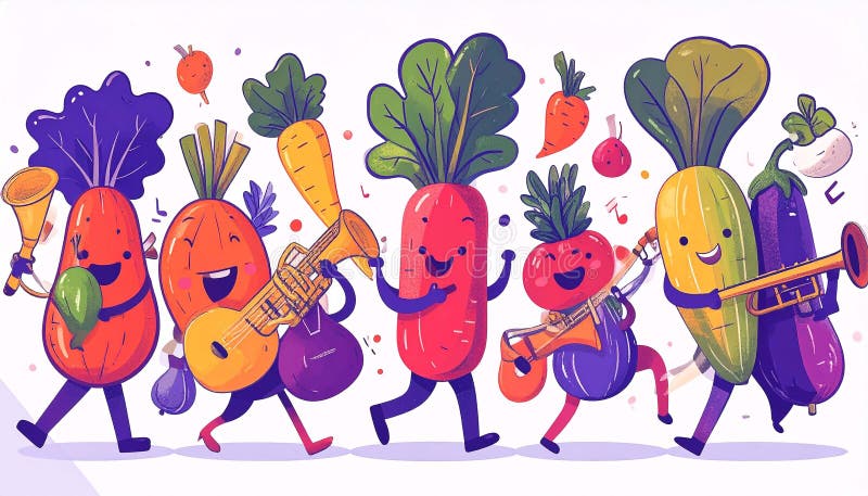 A vibrant parade of anthropomorphic root vegetables and eggplant royalty free illustration