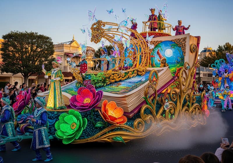 A vibrant parade float features an stock illustration