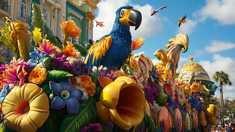 A vibrant parade float featuring a large macaw statue amidst a colorful display of flowers and fauna vector illustration