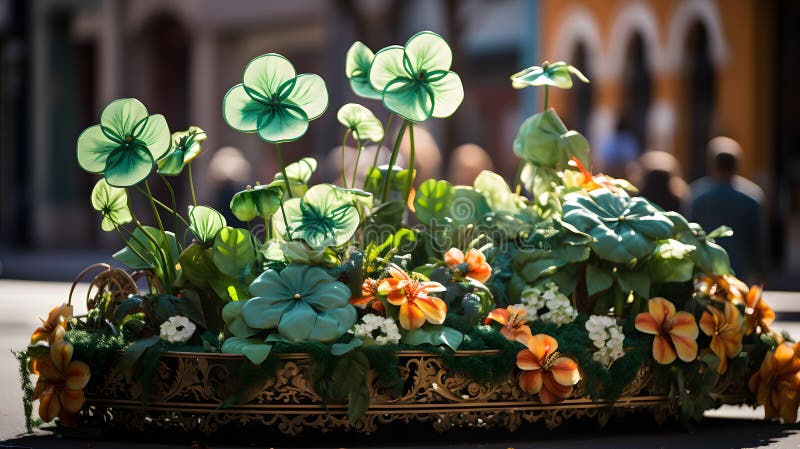 A vibrant parade float, with shamrocks as the background, during the St. Patrick's Day celebration stock illustration