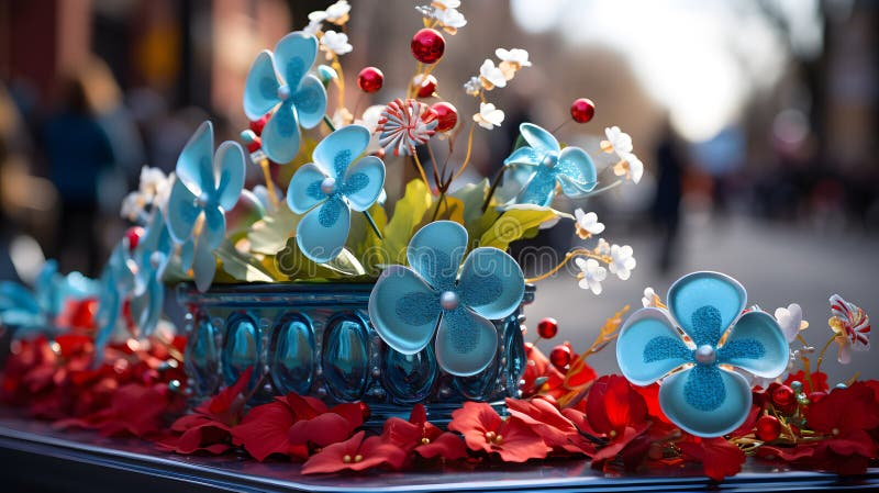 A vibrant parade float, with shamrocks as the background, during the St. Patrick's Day celebration stock illustration