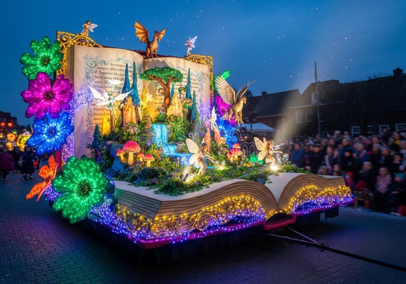 A vibrant parade float shaped like an open book, featuring illuminated floral decorations and vector illustration