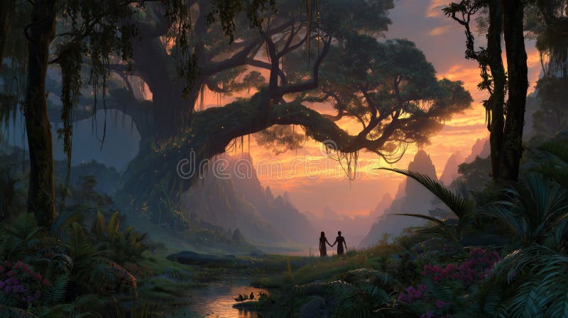 Eden, Adam, and Eve in a lush paradise at sunset sharing a moment of love and connection in a vivid landscape