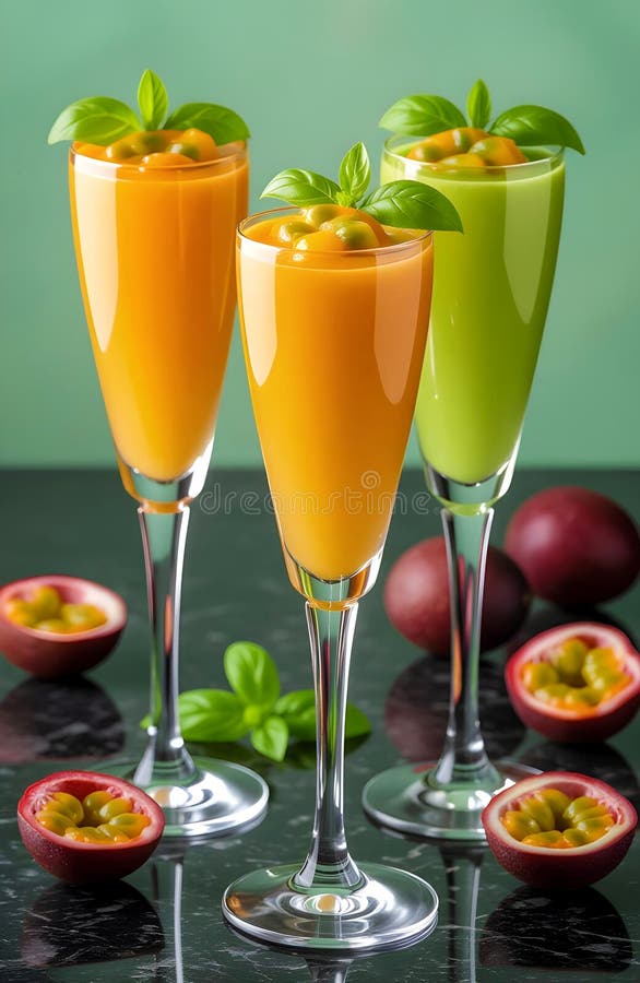 Vibrant Passion Fruit Smoothies In Tall Glasses With Basil Garnish vector illustration