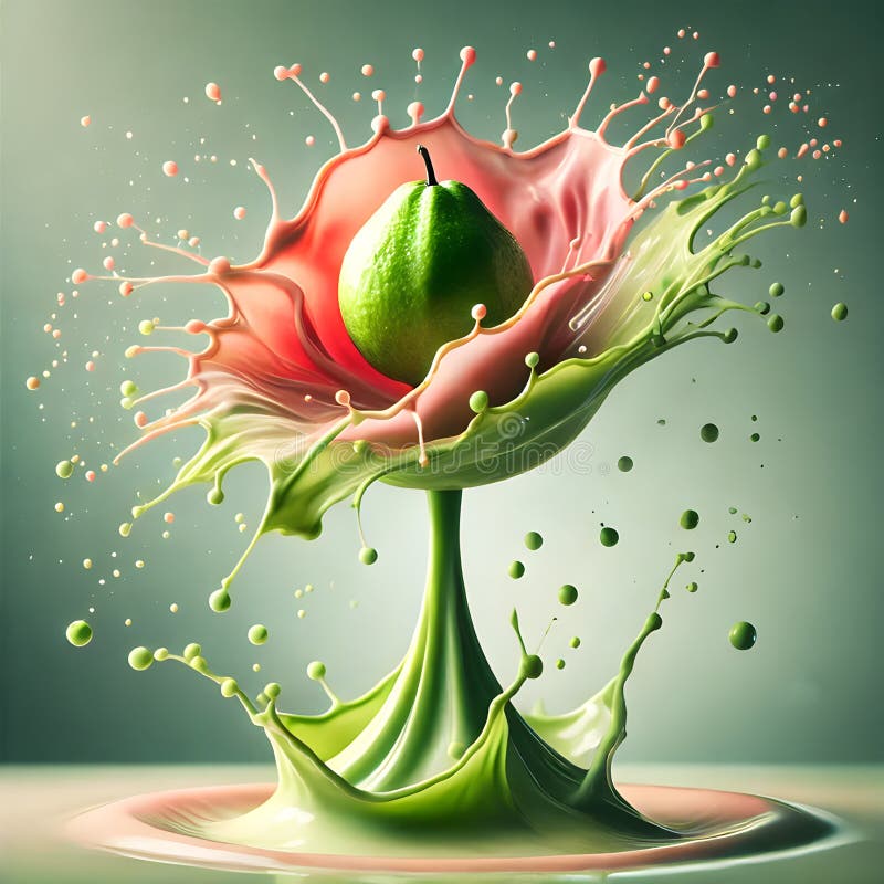 Vibrant Pear Suspended in Artistic Green and Pink Liquid Splash AI-GENERATED stock illustration