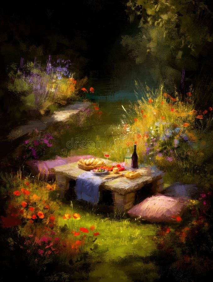 Colorful Picnic at a Magical Garden With a Stone Table Adorned With Fruits and Wine Surrounded by Blooming Flowers royalty free stock image