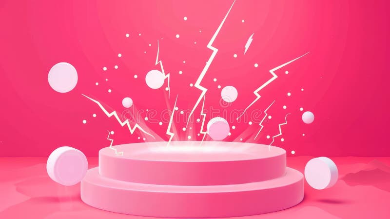 Vibrant pink background with a circular platform and white spheres. Lightning bolts and small dots create a dynamic royalty free stock image