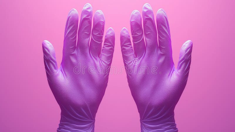 Vibrant Pink Latex Gloves on Hands Against a Soft Pink Background stock illustration