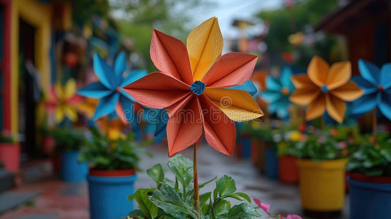 A vibrant pinwheel spinning in a bright flower pot on a sunny sidewalk stock photography