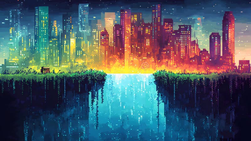 Vibrant Pixel Art Cityscape Réflexion sur l'eau avec des bâtiments colorés et le ciel à la nuit illustration de vecteur
